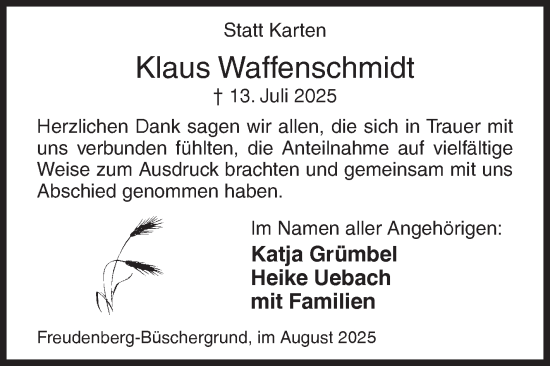 Traueranzeige von Klaus Waffenschmidt von Siegener Zeitung