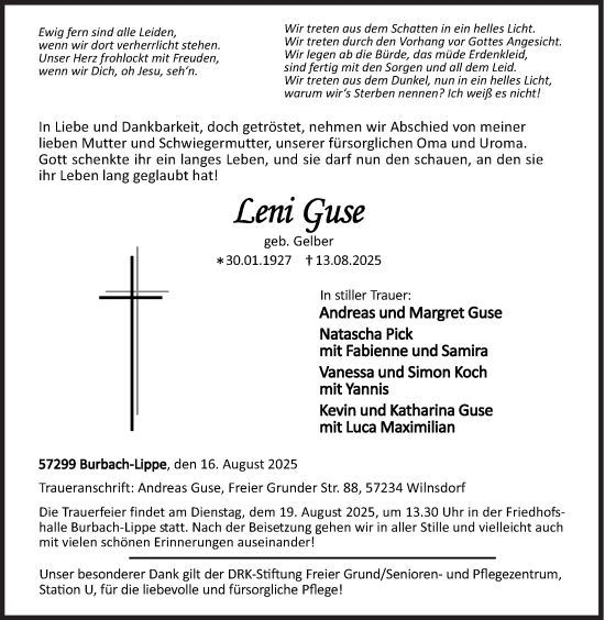 Traueranzeige von Leni Guse von Siegener Zeitung