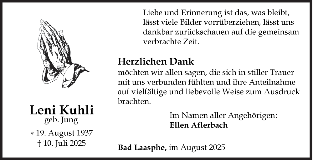  Traueranzeige für Leni Kuhli vom 23.08.2025 aus Siegener Zeitung