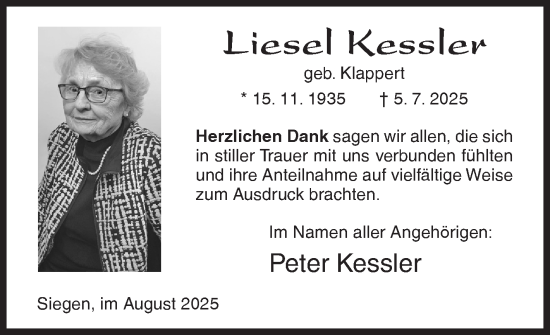 Traueranzeige von Liesel Kessler von Siegener Zeitung