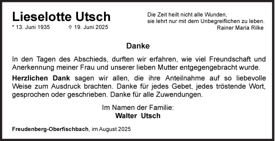 Traueranzeige von Lieselotte Utsch von Siegener Zeitung
