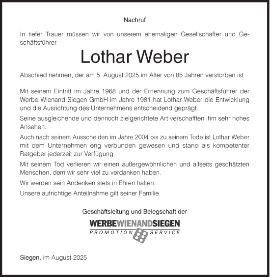 Traueranzeige von Lothar Weber von Siegener Zeitung