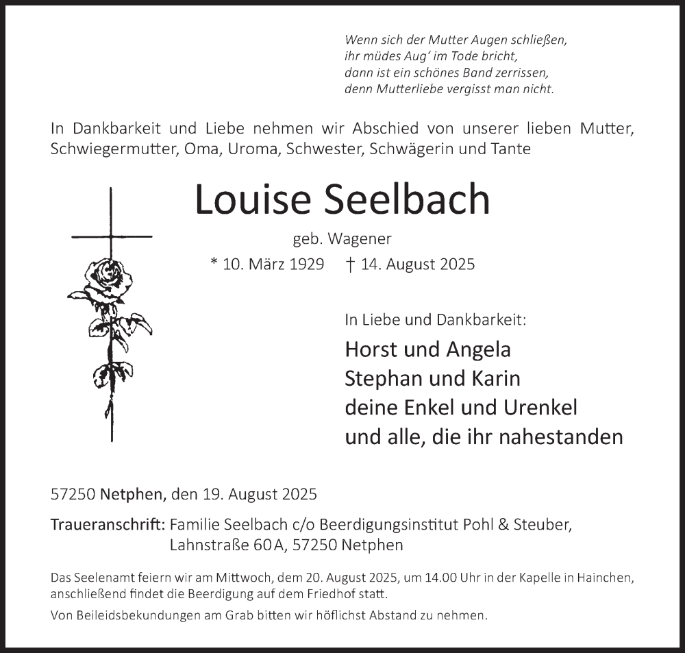  Traueranzeige für Louise Seelbach vom 19.08.2025 aus Siegener Zeitung