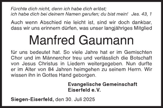 Traueranzeige von Manfred Gaumann von Siegener Zeitung