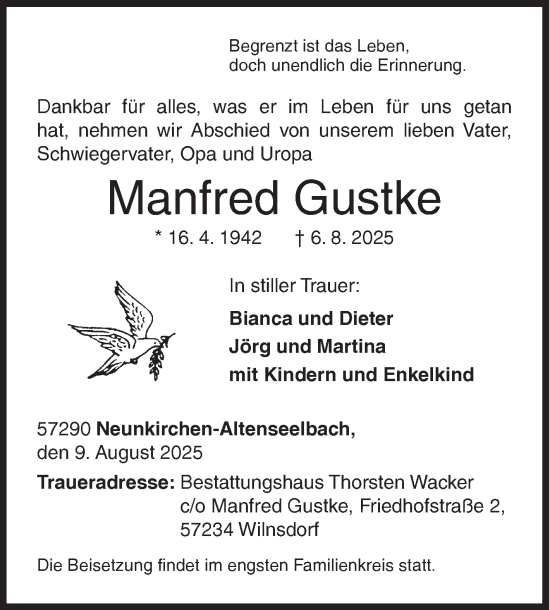 Traueranzeige von Manfred Gustke von Siegener Zeitung