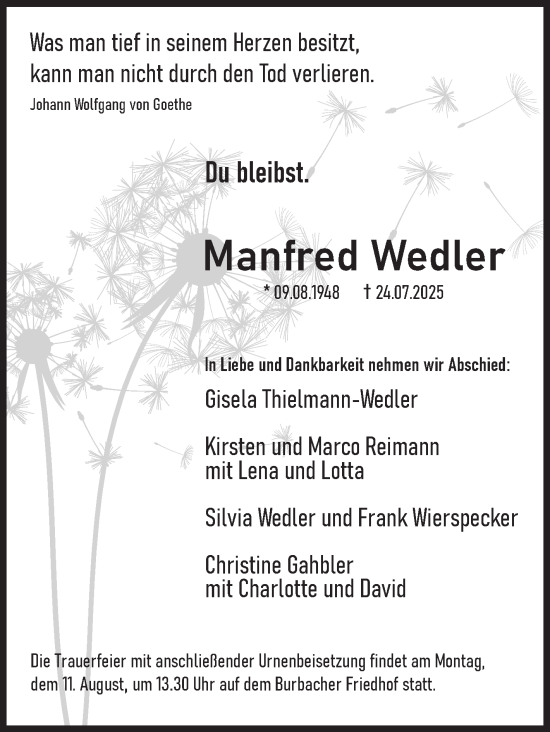 Traueranzeige von Manfred Wedler von Siegener Zeitung