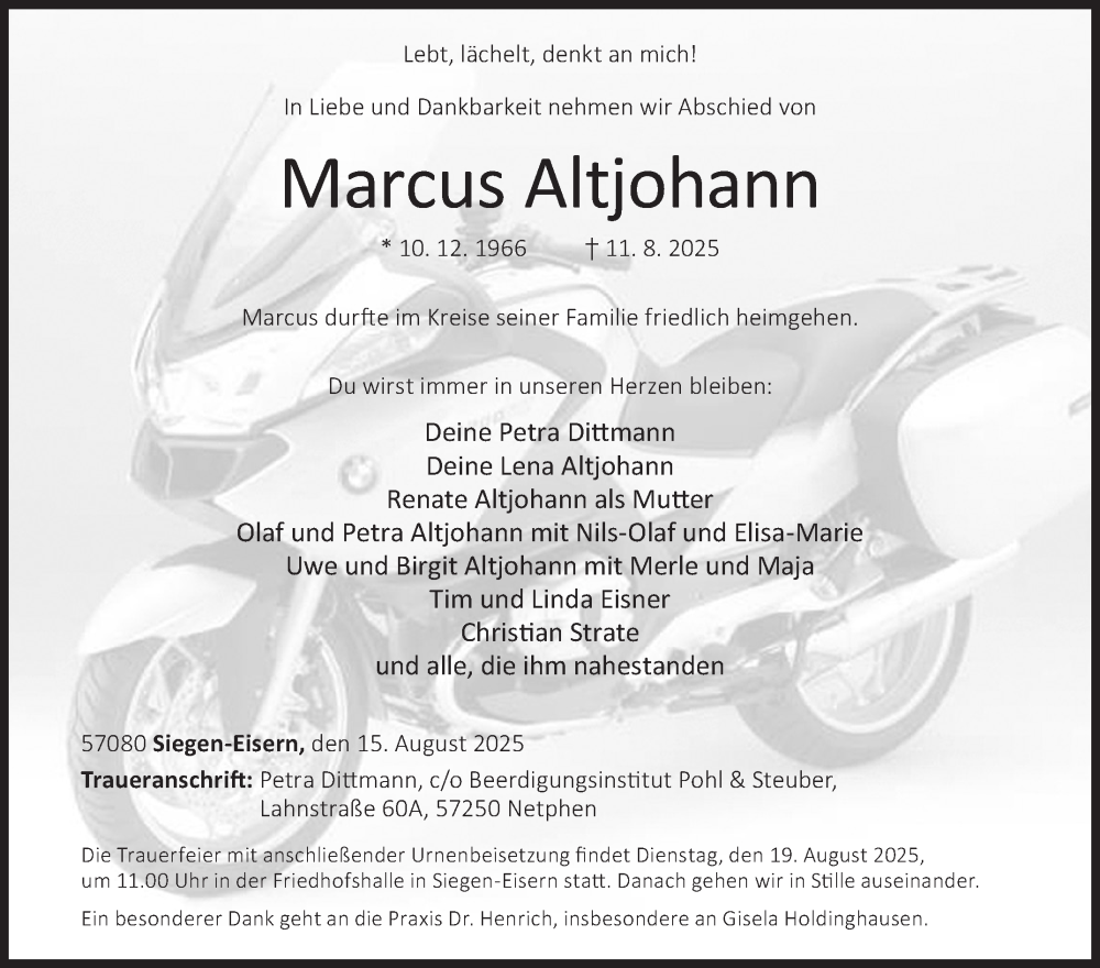  Traueranzeige für Marcus Altjohann vom 15.08.2025 aus Siegener Zeitung