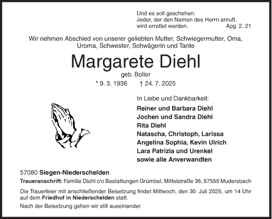 Traueranzeige von Margarete Diehl von Siegener Zeitung