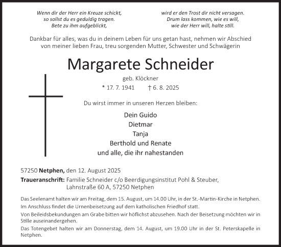 Traueranzeige von Margarete Schneider von Siegener Zeitung