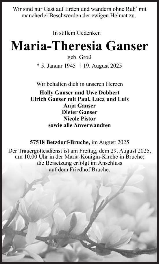 Traueranzeige von Maria-Theresia Ganser von Siegener Zeitung
