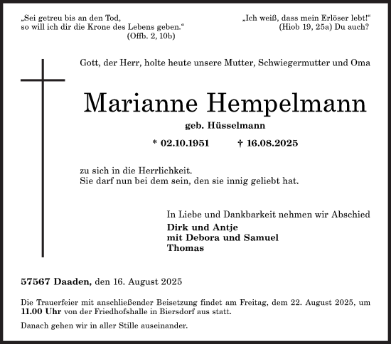 Traueranzeige von Marianne Hempelmann von Siegener Zeitung