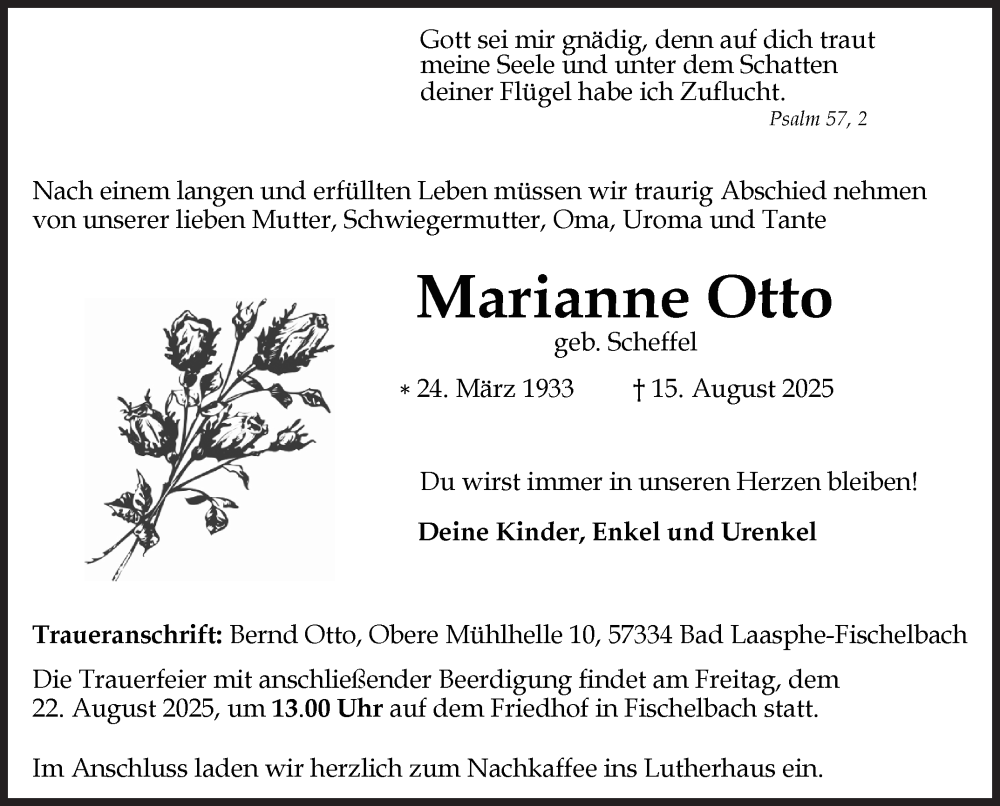  Traueranzeige für Marianne Otto vom 20.08.2025 aus Siegener Zeitung
