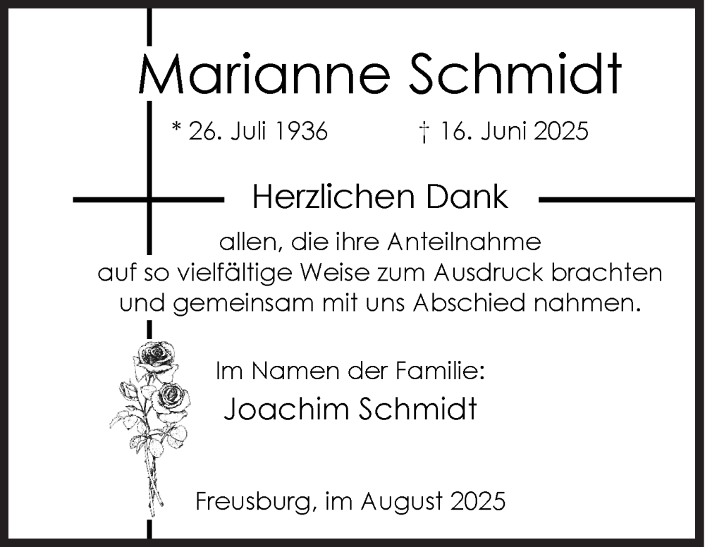  Traueranzeige für Marianne Schmidt vom 09.08.2025 aus Siegener Zeitung