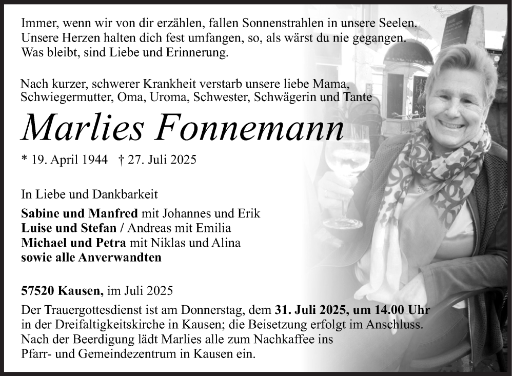  Traueranzeige für Marlies Fonnemann vom 29.07.2025 aus Siegener Zeitung