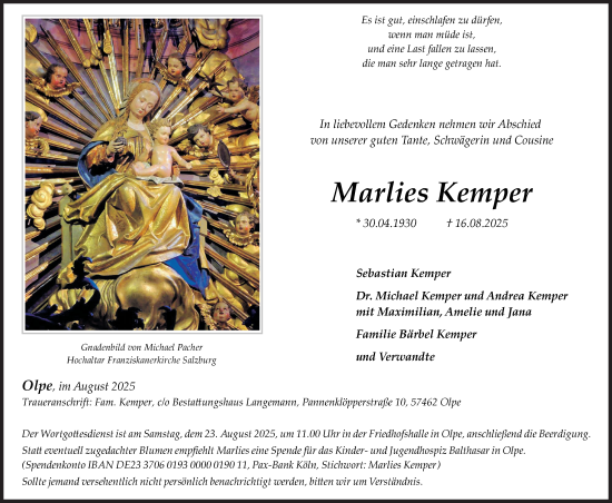 Traueranzeige von Marlies Kemper von Siegener Zeitung