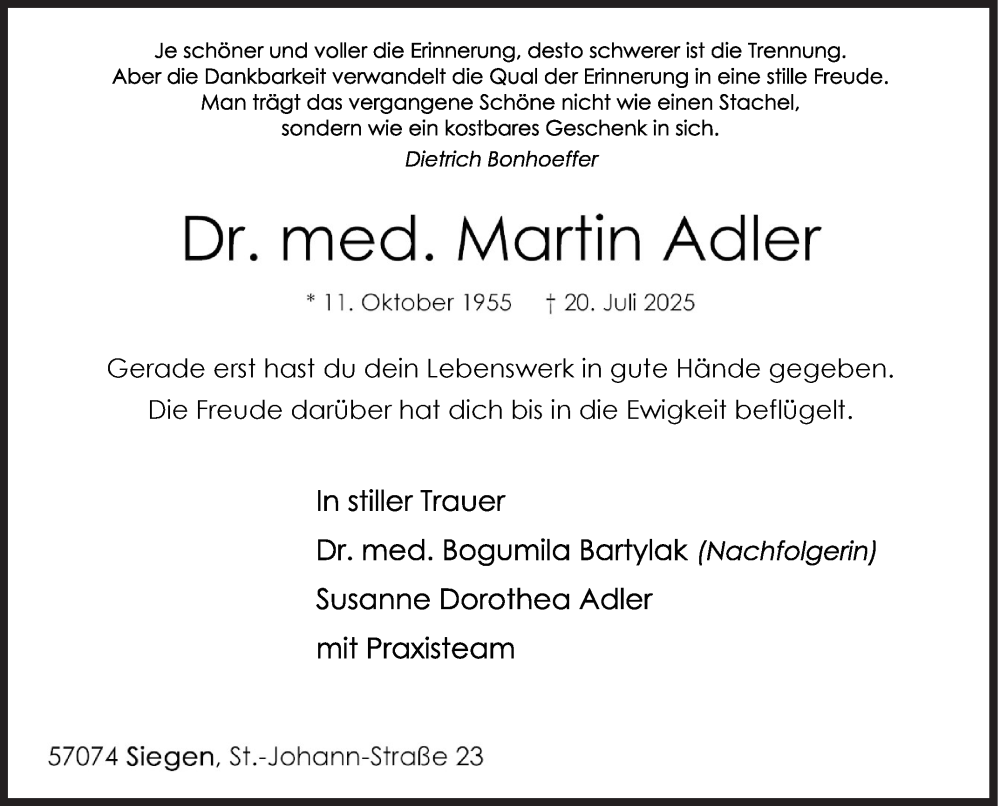  Traueranzeige für Martin Adler vom 26.07.2025 aus Siegener Zeitung