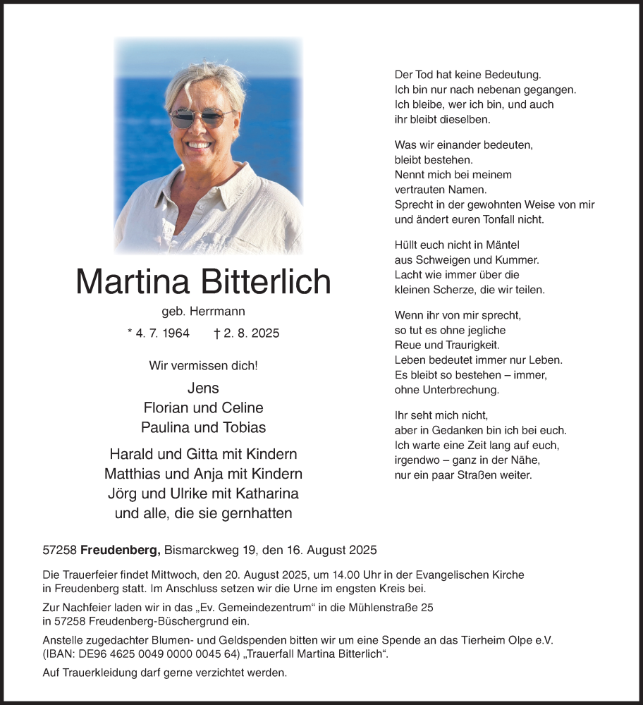  Traueranzeige für Martina Bitterlich vom 16.08.2025 aus Siegener Zeitung