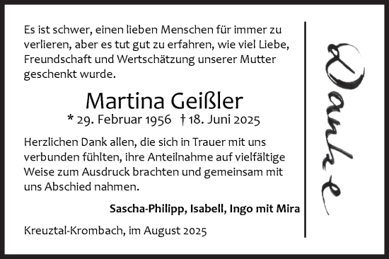 Traueranzeige von Martina Geißler von Siegener Zeitung