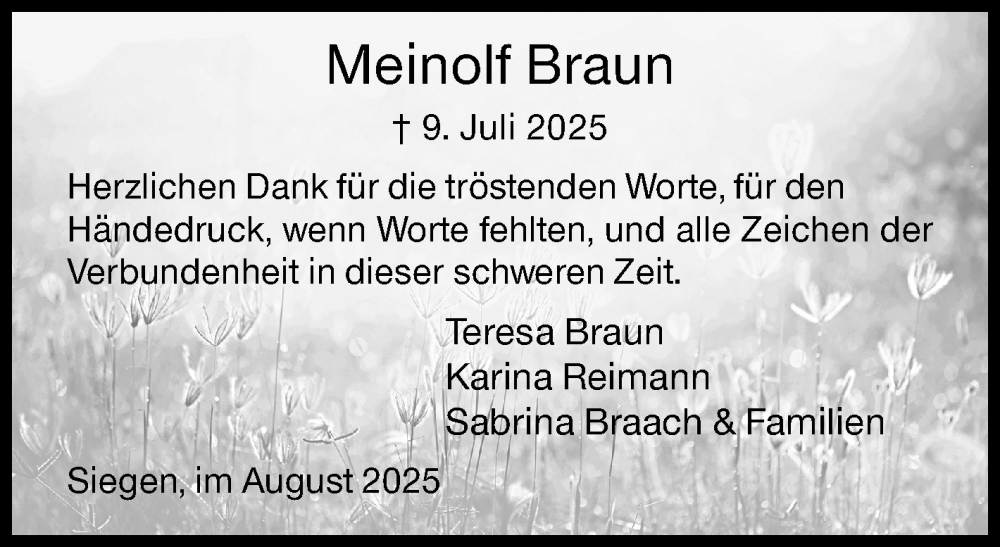  Traueranzeige für Meinolf Braun vom 16.08.2025 aus Siegener Zeitung