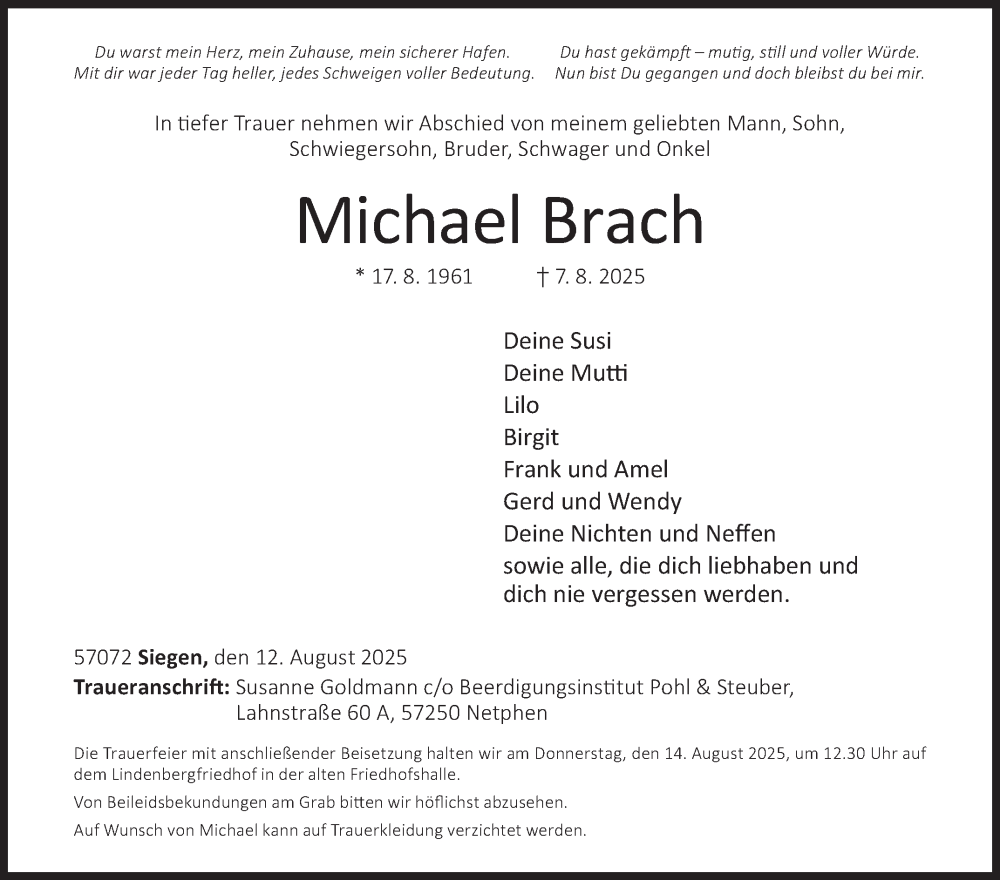  Traueranzeige für Michael Brach vom 12.08.2025 aus Siegener Zeitung