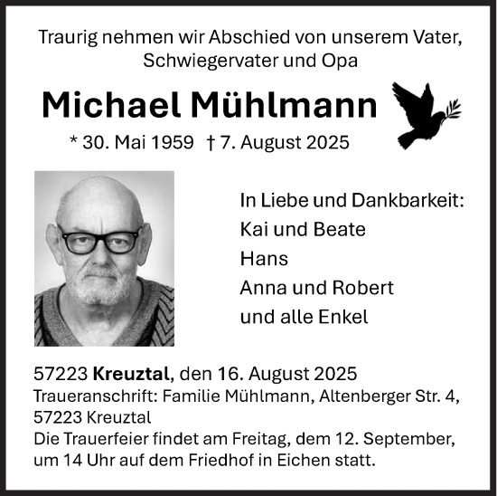 Traueranzeige von Michael Mühlmann von Siegener Zeitung