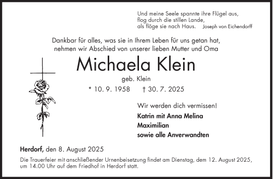 Traueranzeige von Michaela Klein von Siegener Zeitung