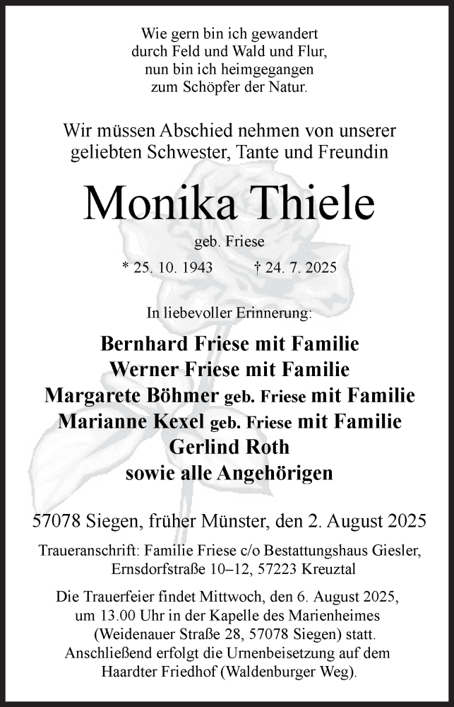  Traueranzeige für Monika Thiele vom 02.08.2025 aus Siegener Zeitung