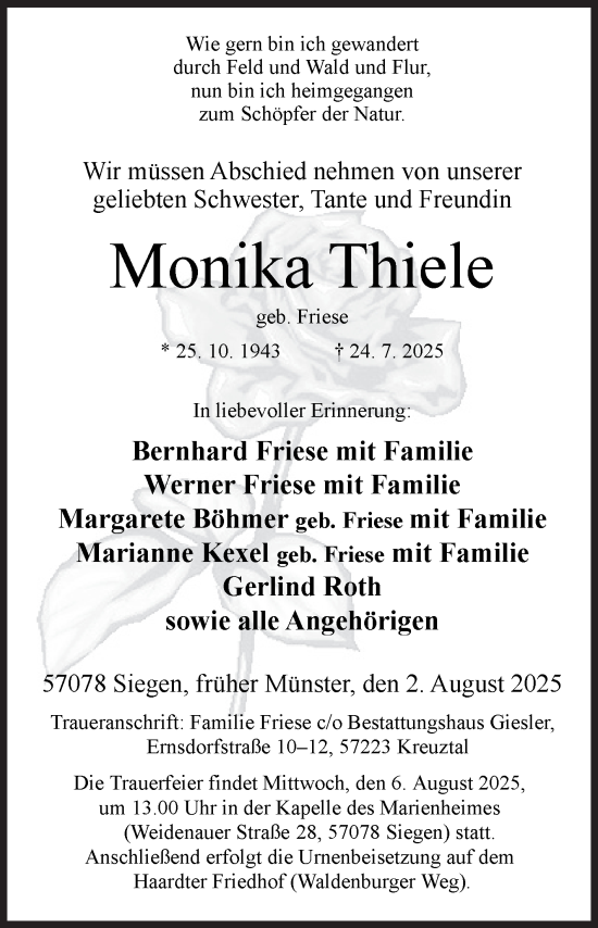Traueranzeige von Monika Thiele von Siegener Zeitung
