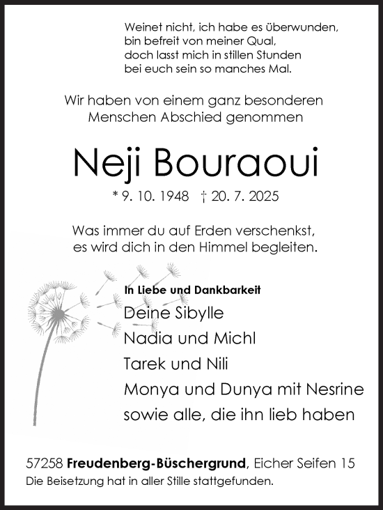 Traueranzeige von Neji Bouraoui von Siegener Zeitung