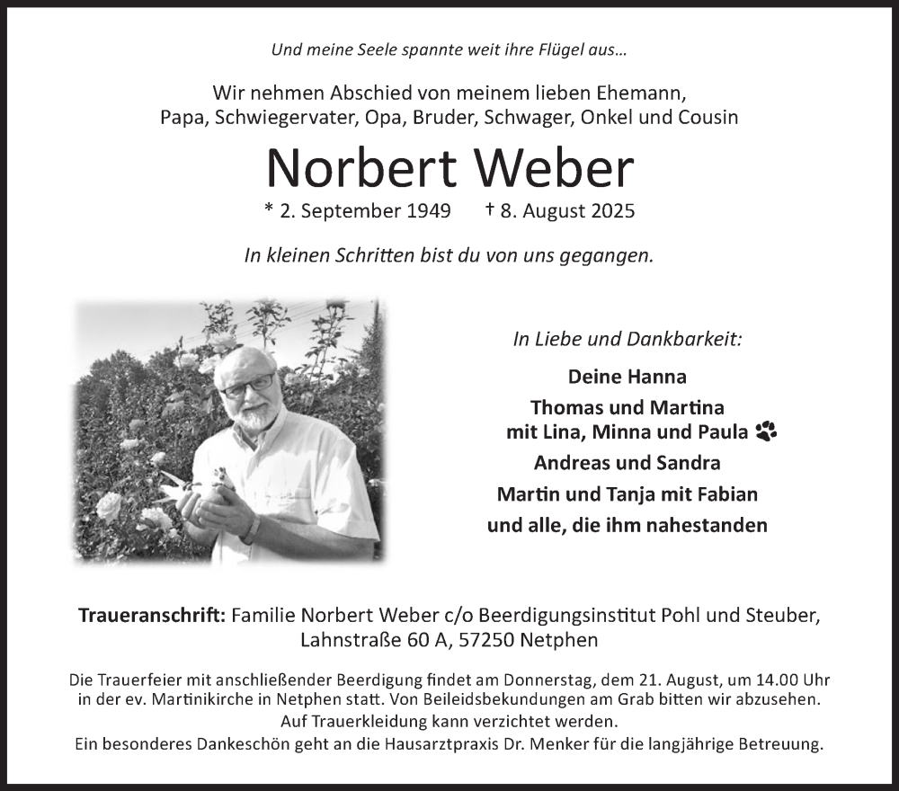  Traueranzeige für Norbert Weber vom 18.08.2025 aus Siegener Zeitung
