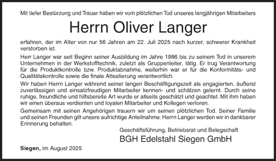 Traueranzeige von Oliver Langer von Siegener Zeitung