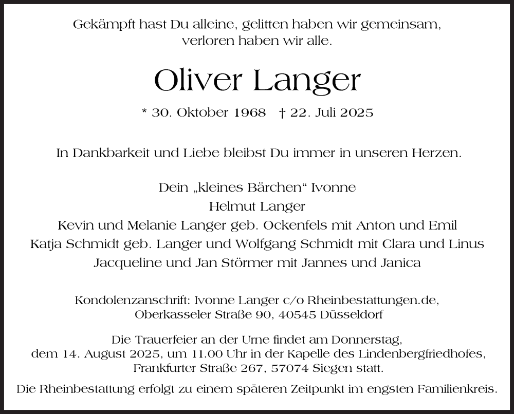  Traueranzeige für Oliver Langer vom 09.08.2025 aus Siegener Zeitung