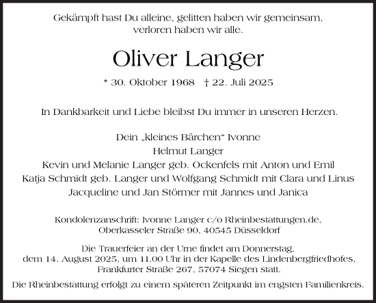 Traueranzeige von Oliver Langer von Siegener Zeitung