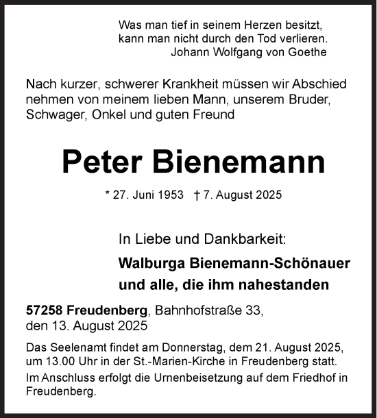 Traueranzeige von Peter Bienemann von Siegener Zeitung