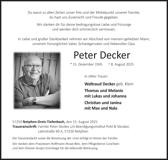 Traueranzeige von Peter Decker von Siegener Zeitung
