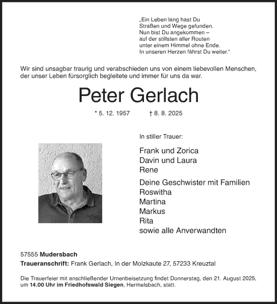 Traueranzeige von Peter Gerlach von Siegener Zeitung