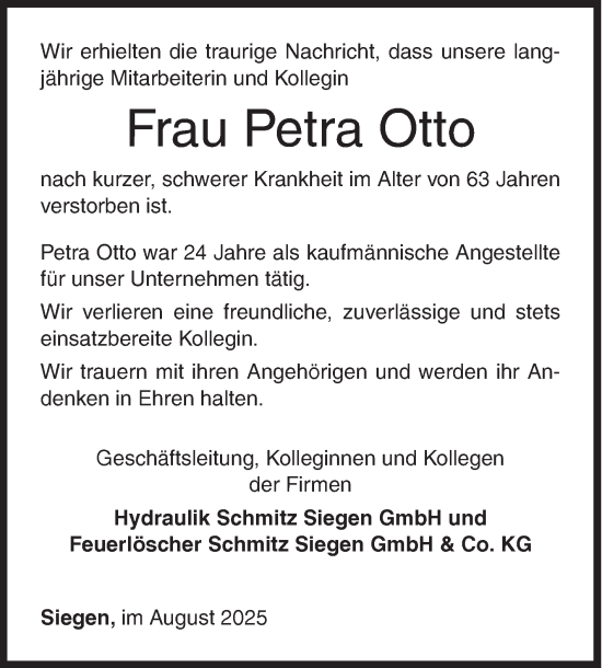 Traueranzeige von Petra Otto von Siegener Zeitung