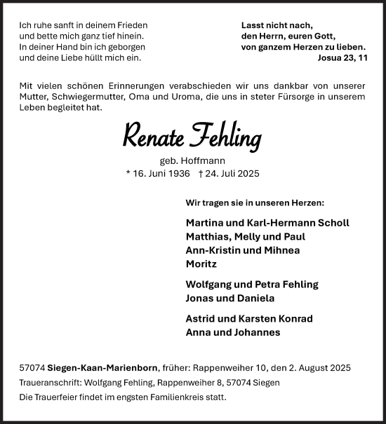 Traueranzeige von Renate Fehling von Siegener Zeitung