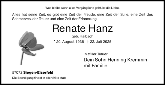 Traueranzeige von Renate Hanz von Siegener Zeitung