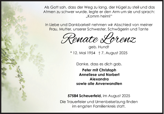 Traueranzeige von Renate Lorenz von Siegener Zeitung