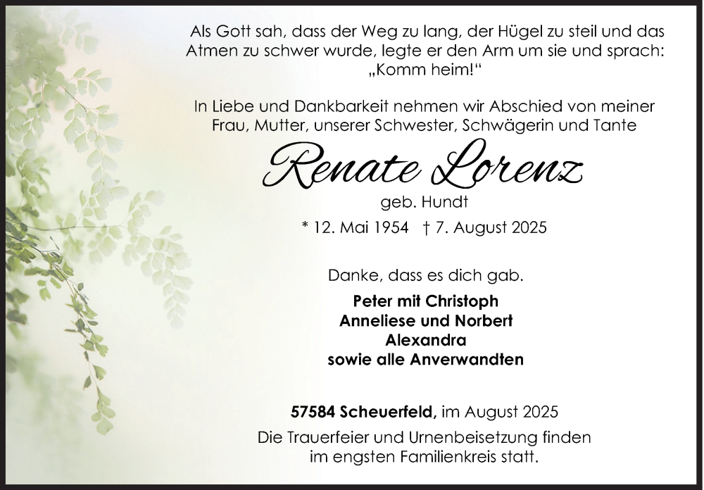  Traueranzeige für Renate Lorenz vom 12.08.2025 aus Siegener Zeitung