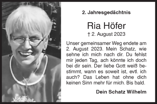 Traueranzeige von Ria Höfer von Siegener Zeitung