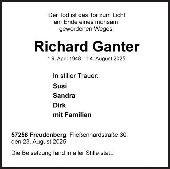 Traueranzeige von Richard Ganter von Siegener Zeitung
