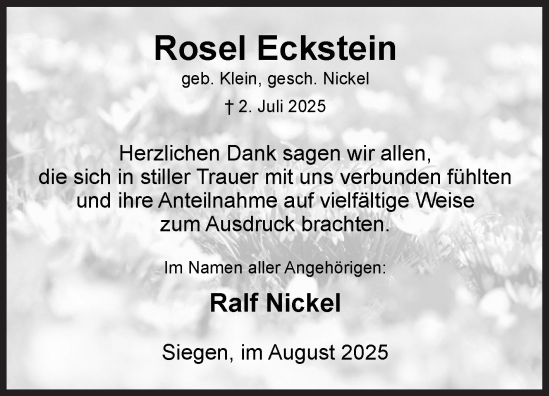Traueranzeige von Rosel Eckstein von Siegener Zeitung