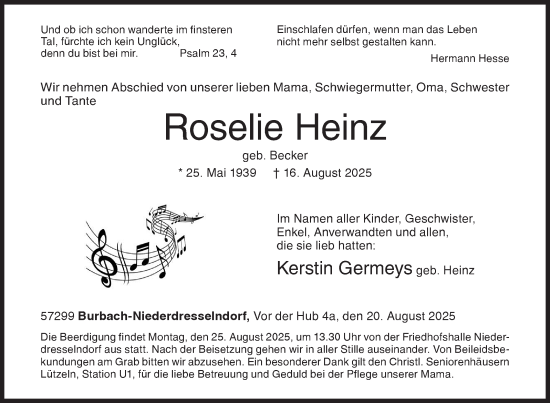 Traueranzeige von Roselie Heinz von Siegener Zeitung