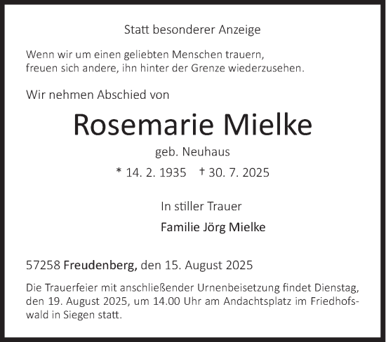 Traueranzeige von Rosemarie Mielke von Siegener Zeitung