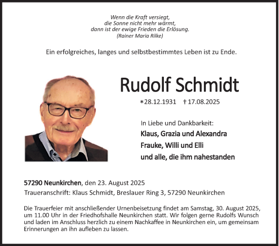 Traueranzeige von Rudolf Schmidt von Siegener Zeitung
