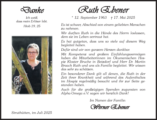 Traueranzeige von Ruth Ebener von Siegener Zeitung