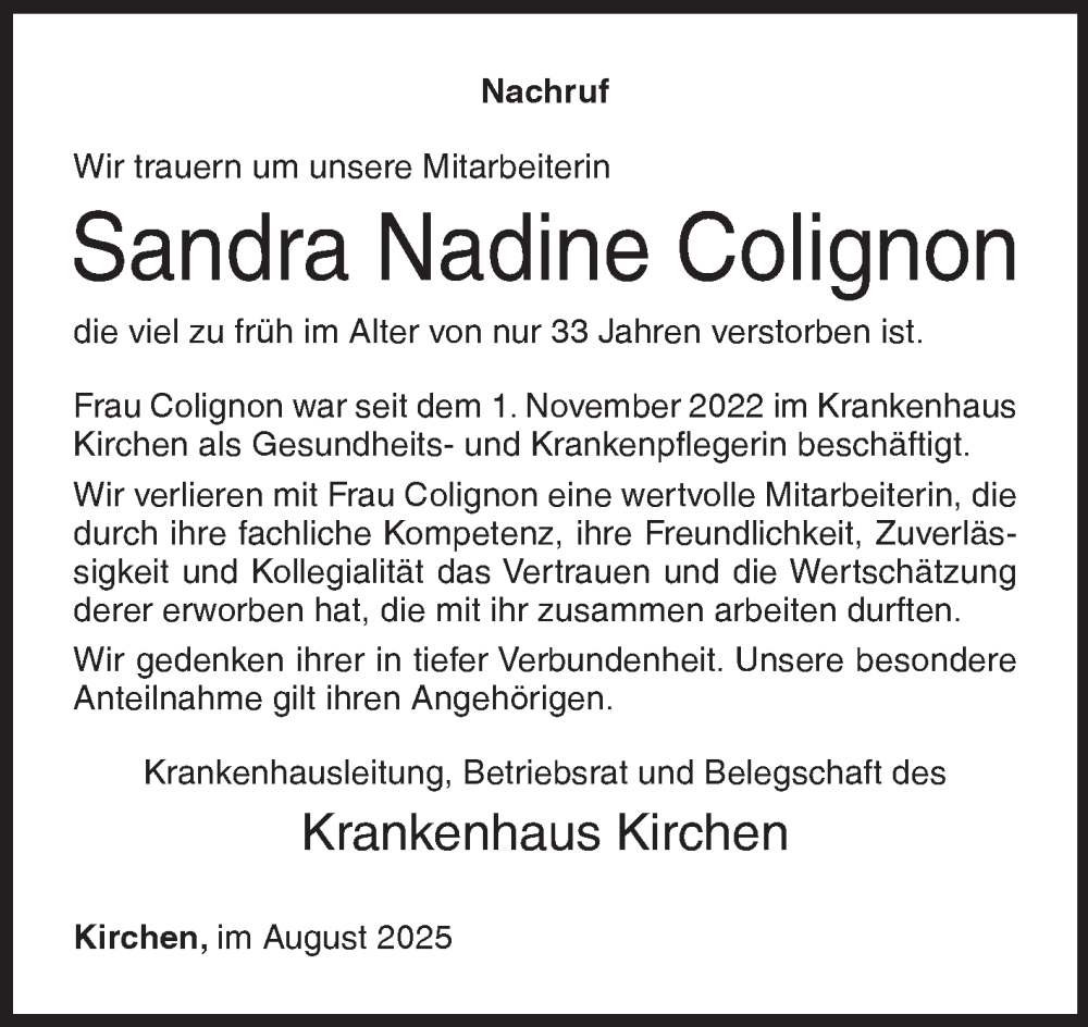  Traueranzeige für Sandra Nadine Colignon vom 09.08.2025 aus Siegener Zeitung
