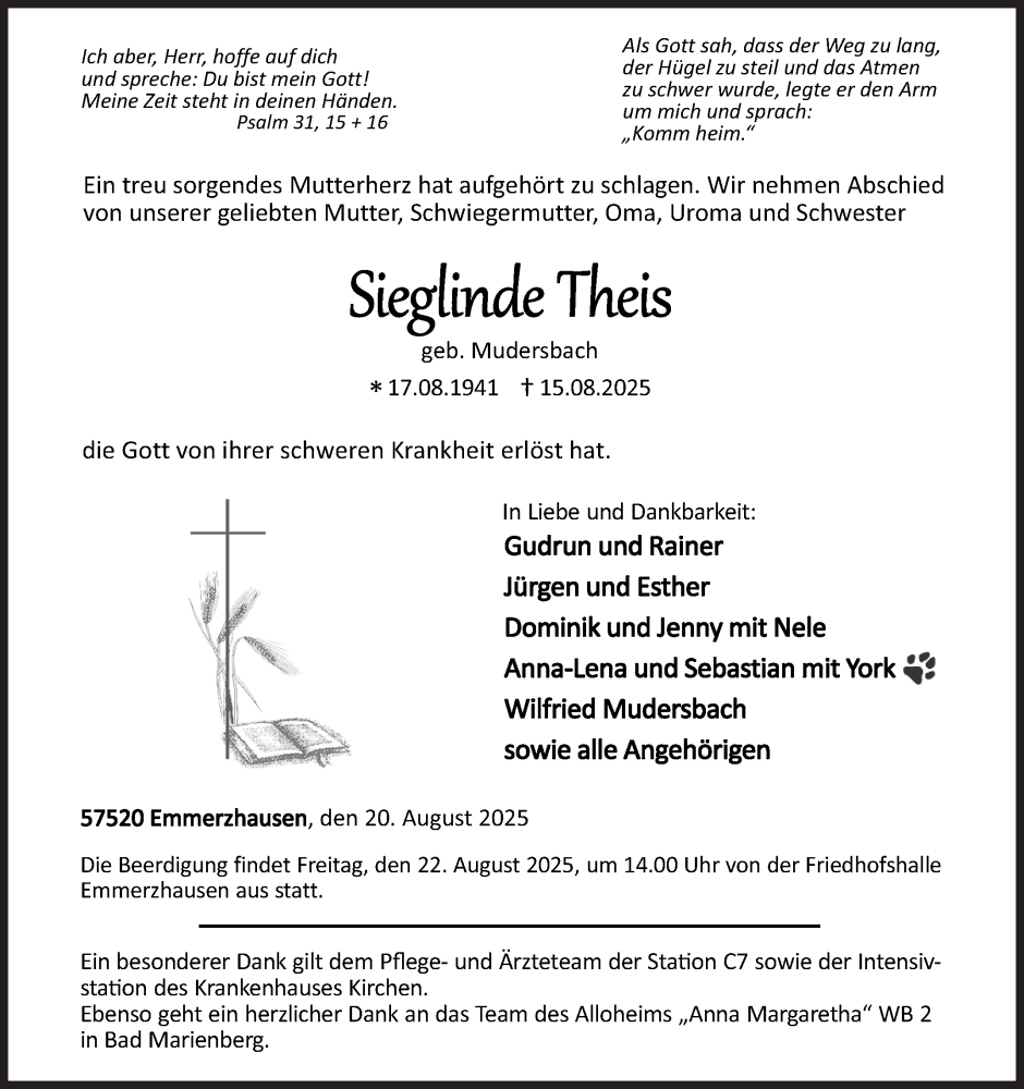 Traueranzeige für Sieglinde Theis vom 20.08.2025 aus Siegener Zeitung